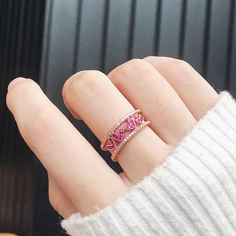 

New Korean Cubic Zirconia Love Heart Double Layer Open Rings for Women Delicate Fashion Micro Paved Finger Ring