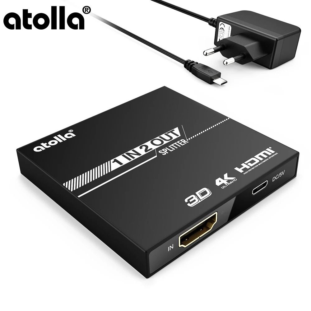 Atolla HDMI сплиттер 1 в 2 выхода мини порта 4K Switcher кабель с адаптером питания 5 V/1A