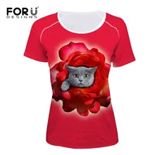 FORUDESIGNS/Летняя Повседневная футболка с котом и собакой, женские топы, модные тонкие красные розы, женские Забавные футболки с коротким рукавом, футболки больших размеров