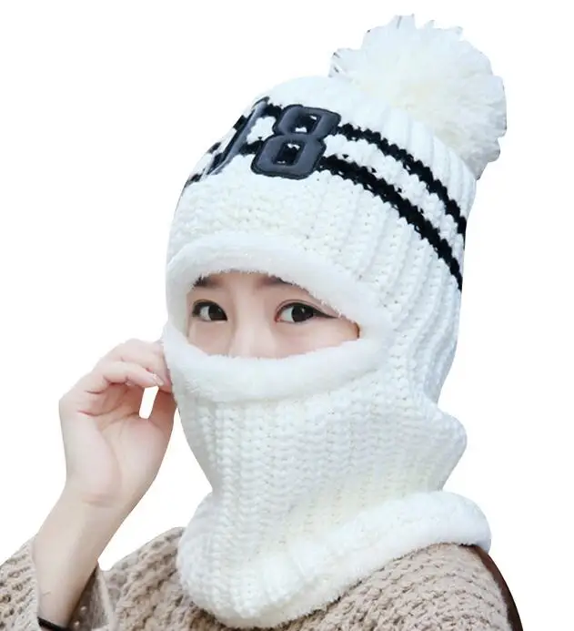 ZEBERY зимние теплые вязаные головные уборы в масках Skullies Beanies шапка с кисточками цифровой декоративный женский подшлемник теплая маска для лица - Цвет: Белый