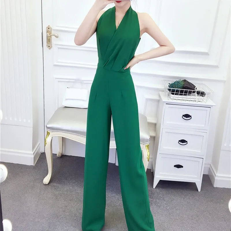 Summer Sexy Sleeveless Playsuit Formal Ladies Solid V Neck Wide Leg Jumpsuit Women Elegant Slim Black Party Jumpsuit