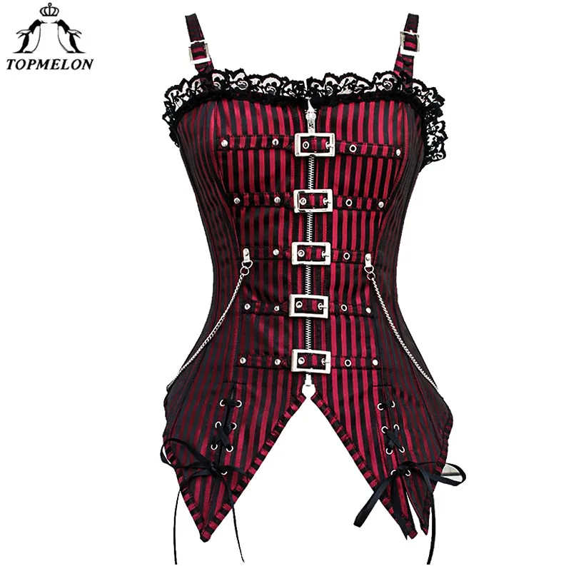 TOPMELON Retro Lace Corset Steampunk Gothic Corselet with Strap Women Bustier Long Rivet Chains