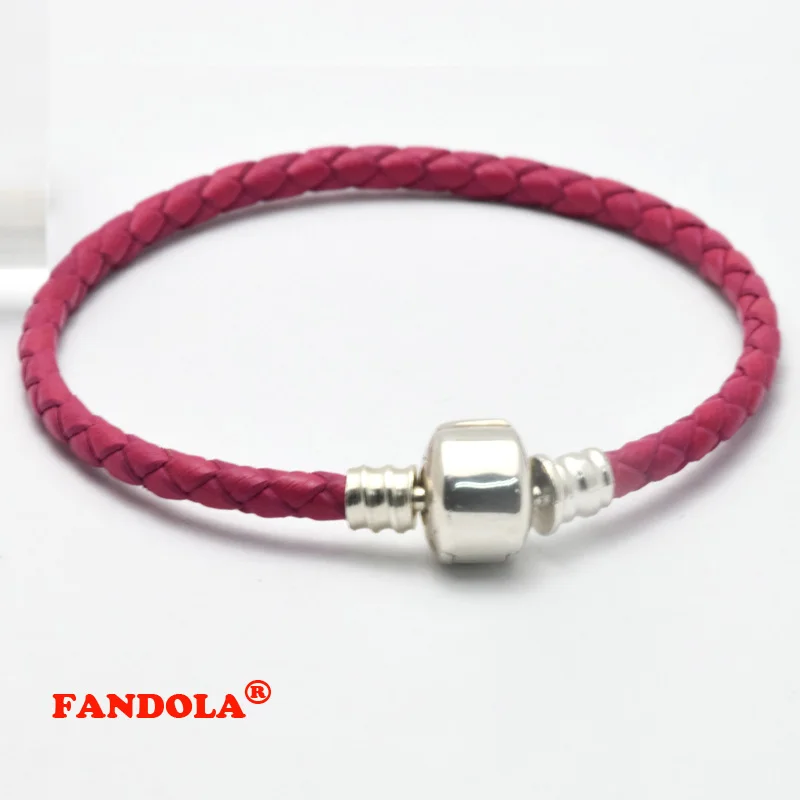 

Fits European Style Rose Pink Leather Bracelets for Women DIY Making with Silver Clip Clasp 925 Sterling Silver Jewelry PL020