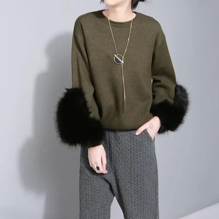 army green Twotwinstyle осень Вязание пуловер свитер для Для женщин с длинными рукавами Мех женский Свитеры для женщин трикотажные Топы корректирующие Повседневная одежда в Корейском стиле - Цвет: army green