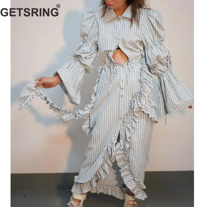

GETSRING Women Dresses Lantern Sleeve Belt Ruffle Stitching Irregular Long Dress Cotton Lattice White Fashion Casual Woman Dress
