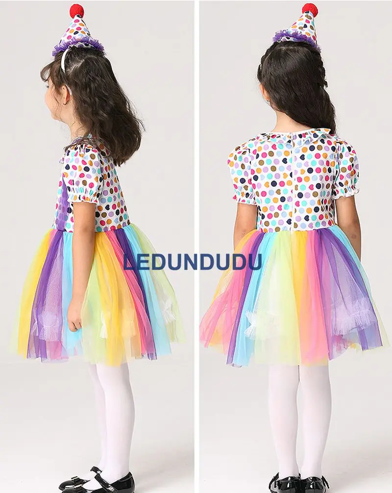 Children Clown Cosplay Costume Girls Rainbow Dress with Hat Kids Halloween Party Holiday Performance Clothes (4)