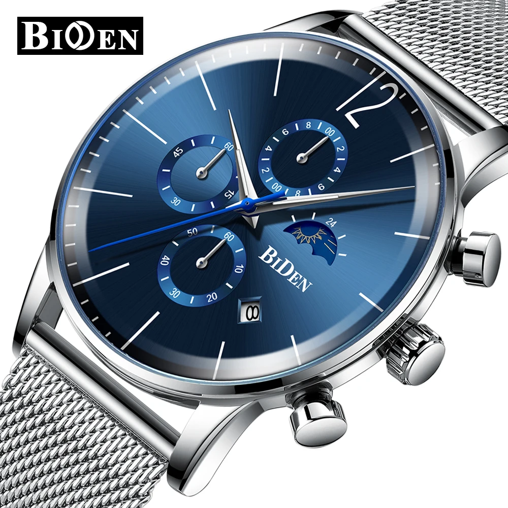 

BIDEN Watch Men Fashion Sport Quartz Clock Mens Watches Top Brand Luxury Full Steel Moon Phase Business Watch Relogio Masculino