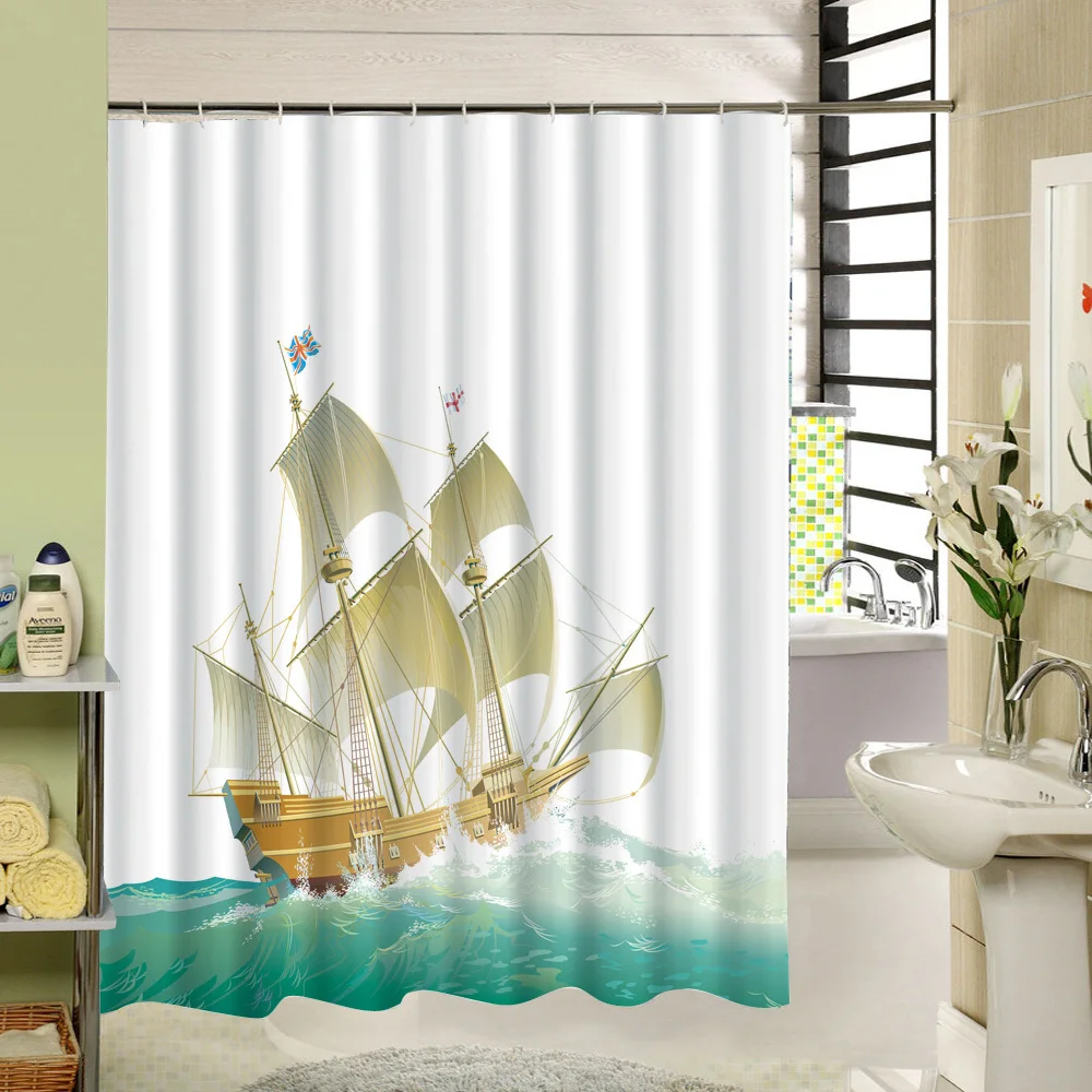 A Huge Ship Is Sailing on The Sea Shower Curtain White and Blue Fabric
