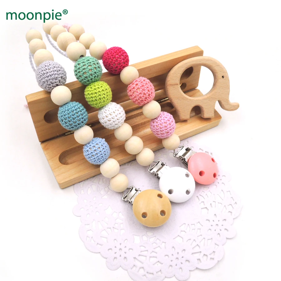 Set of 3 pink blue green baby toy pacifier clip + one elephant teether dummy holder natural color baby girl gift NT179