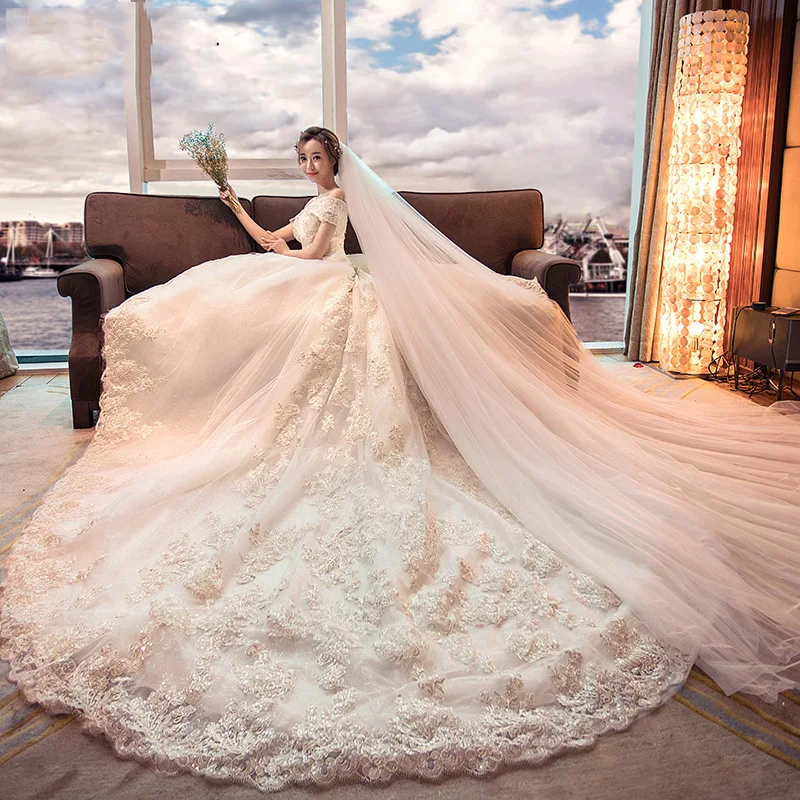 

Romantic Flowers Ball Gown Lace Wedding Dress 2019 Luxury Cathedral Train Vestido De Noiva Sexy Cap Sleeve Wedding Gowns