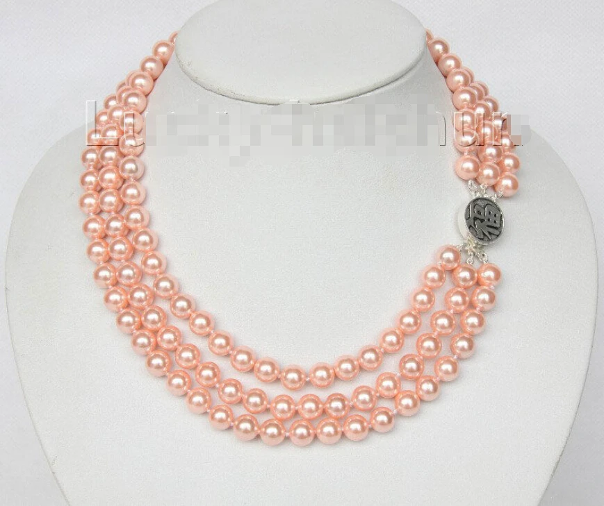 

16" 3row 8mm round pink sea shell pearls necklace 925 silver clasp j9585
