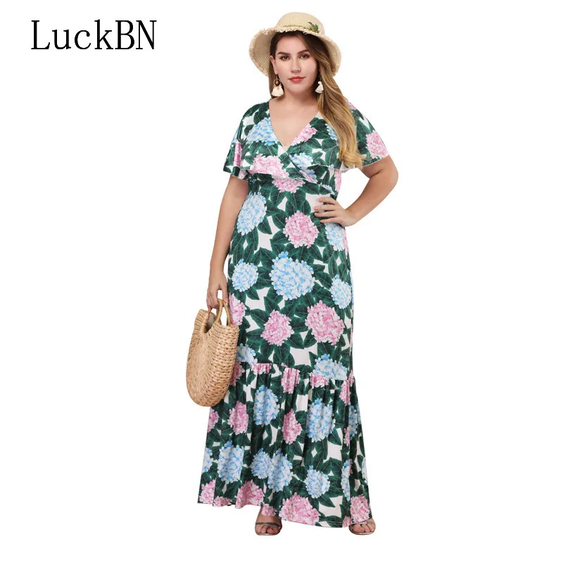 

LuckBN Summer Large Size Women's Dress Fashion Bohemian Long Dress Beach Floral Print Ruffle Short Sleeve V-neck Pleated Dresses