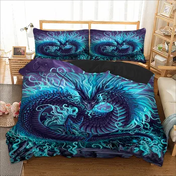 

Blue dragon skull Owl printed Quilt / Cover Set Bed linens set Twin Queen single Double Sizes bedding set with pillowcases