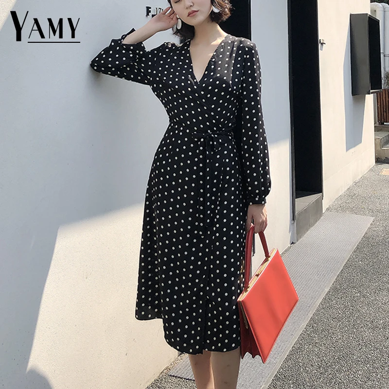 

2018 summer long dress women wrap vintage long sleeve black white dots boho casual beach dress elegant korean streetwear