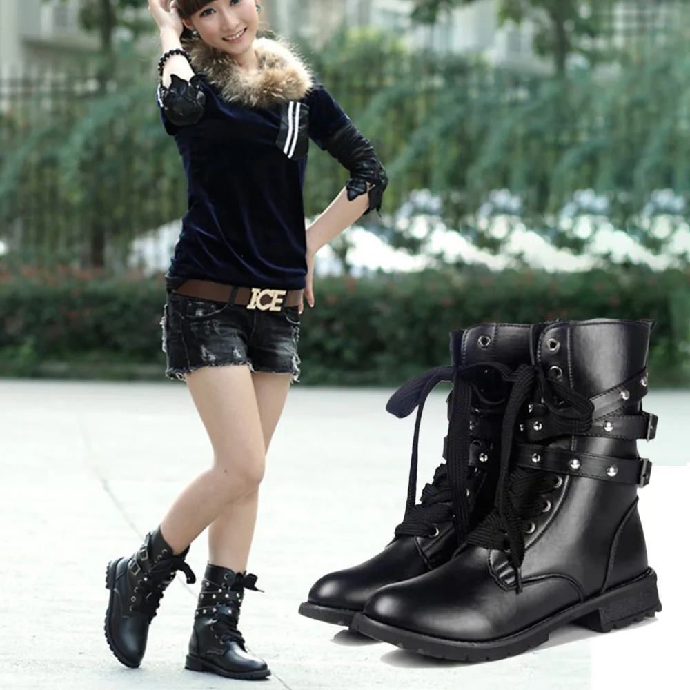 Womens PU Leather Mid Calf Ankle Boots Military Biker Lace-Up Dance Combat Shoes