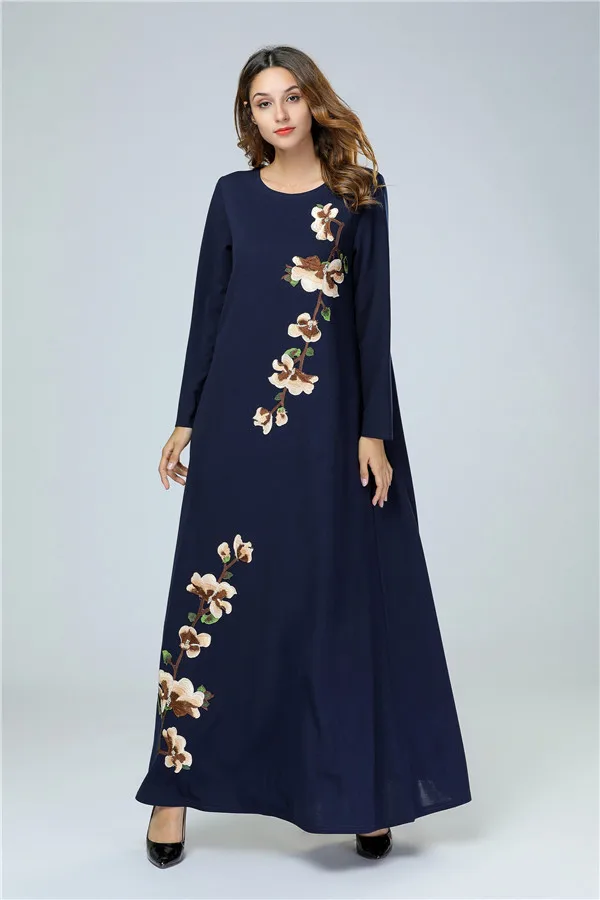 Рамадан хлопок вышивка лоскутное Макси платье индийский Абая с длинными рукавами Дубай Абая Ропа Arabe Mujer 7429 - Цвет: Синий