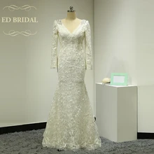 Long Sleeves V Neck Backless Lace Mermaid Wedding Dress with Rhinestones Open Back China Bridal Gowns robe de mariage