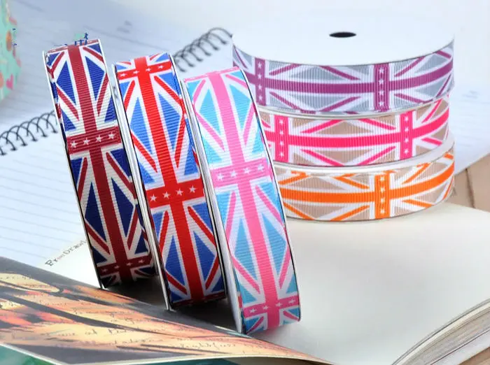 

9mm/16mm/25mm/38mm width British style Flag pattern hair ornaments colorful Grosgrain ribbon 100 yards DIY accessories