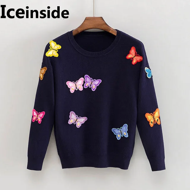 

Iceinside Korean Women Knitted Embroidered Pullover Sweater Women's Butterfly Flower Sweater Femme Tricot Pull Jumper Tops
