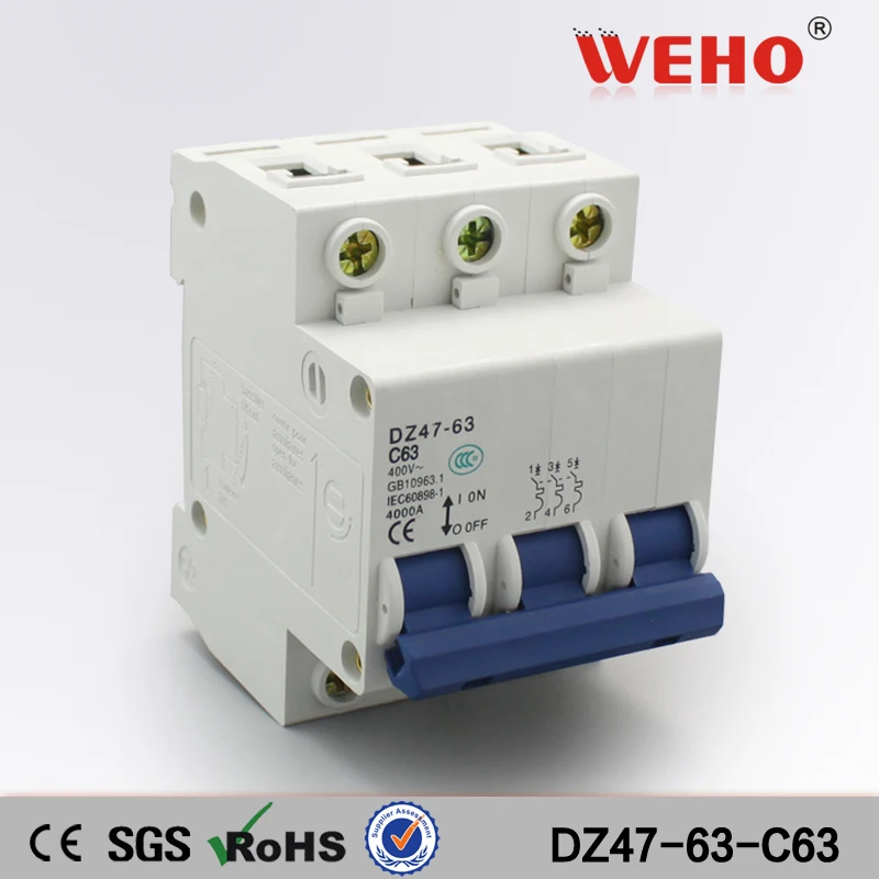 

DZ47-63-C63 High Breaking Automatic Reset Mini Circuit Breaker Mcb 63 Amp 3P