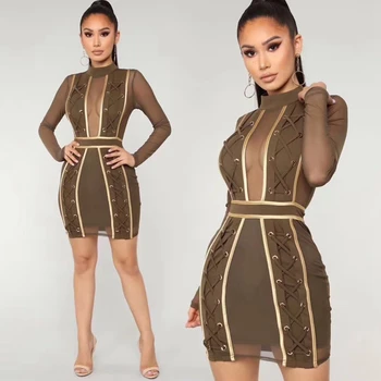 

New Arrival Black Long Sleeve Mesh Sexy Bandage Derss 2019 Hollow Out Lace Up Clubwear Bodycon Vestidos Party night out