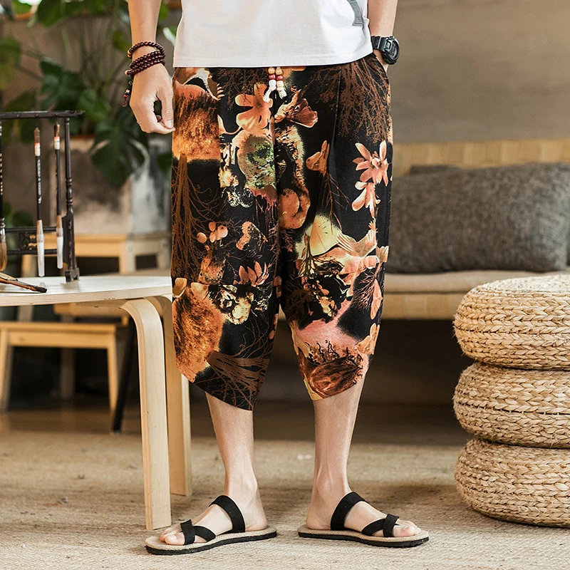 

2019 summer Chinese style cropped trousers men plus fertilizer XL trend Korean version of loose sports street casual pants