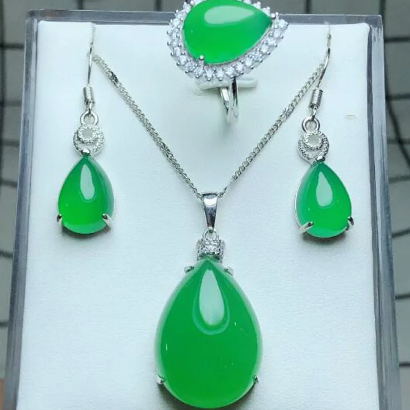 Trendy 925 Sterling Silver Jewelry Set Women water shape natural jade medullary Charm Pendants Necklaces Earrings LOVE Annivers