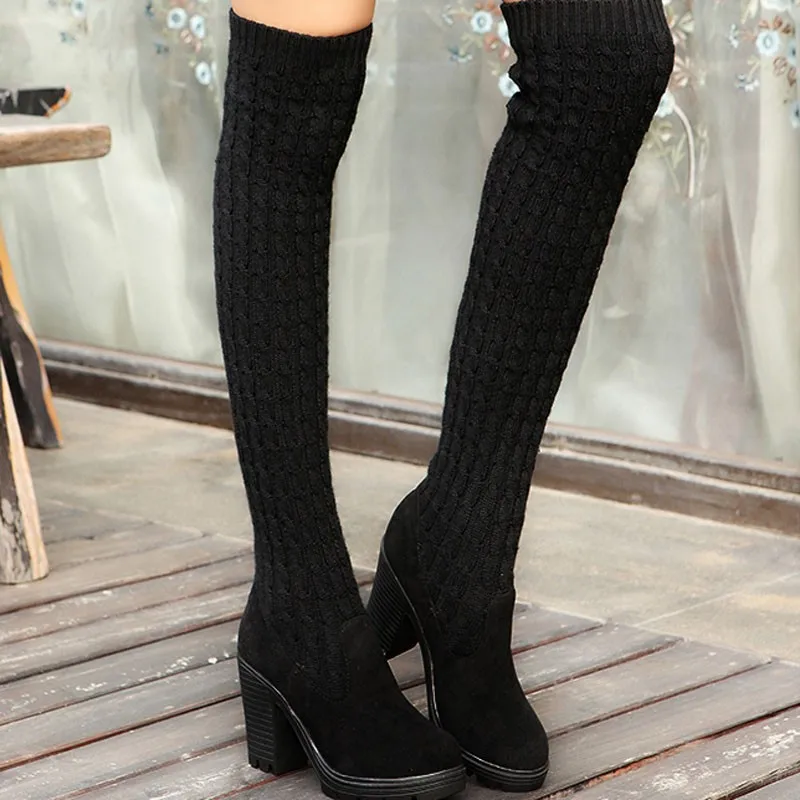

Hot Sale Fashion Women Boots Knee High Elastic Slim Autumn Winter Warm Long Thigh High Knitted Boots Woman Shoes