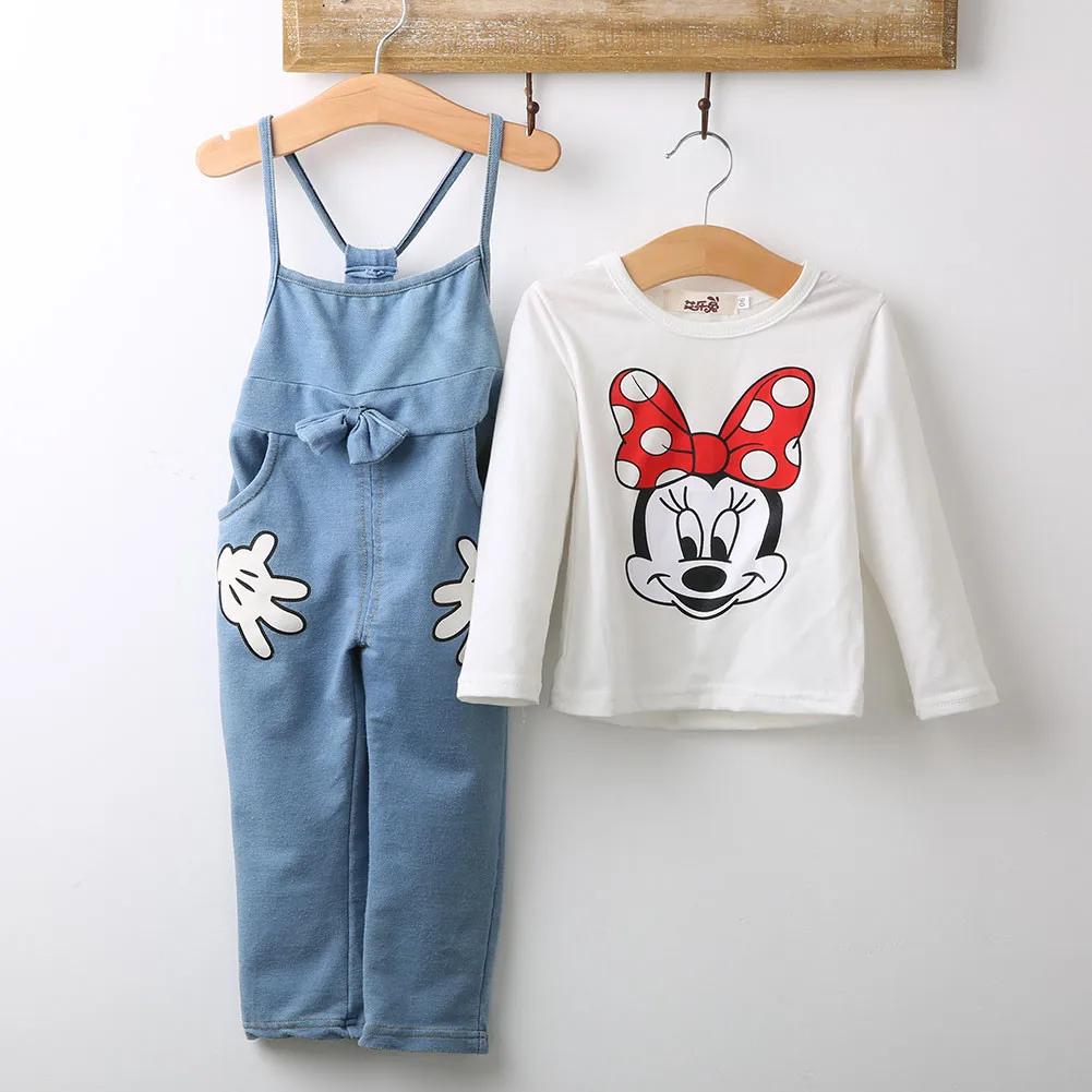 Комплект из 2 предметов для маленьких девочек, топы с длинными рукавами и Минни Маус, футболка джинсовый комбинезон на лямках, штаны наряды комплект костюм От 1 до 5 лет