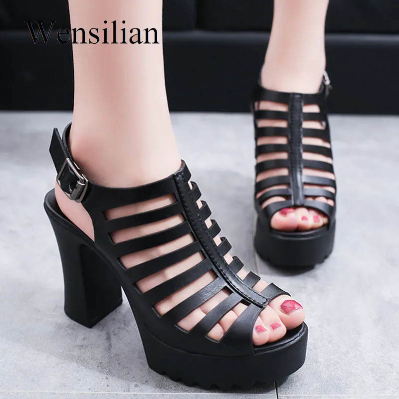 

Sandals Women High Heels Ladies Pumps Platform Shoes Ankle Buckle Fenty Beauty Sexy Square Heels Black zapatos de mujer