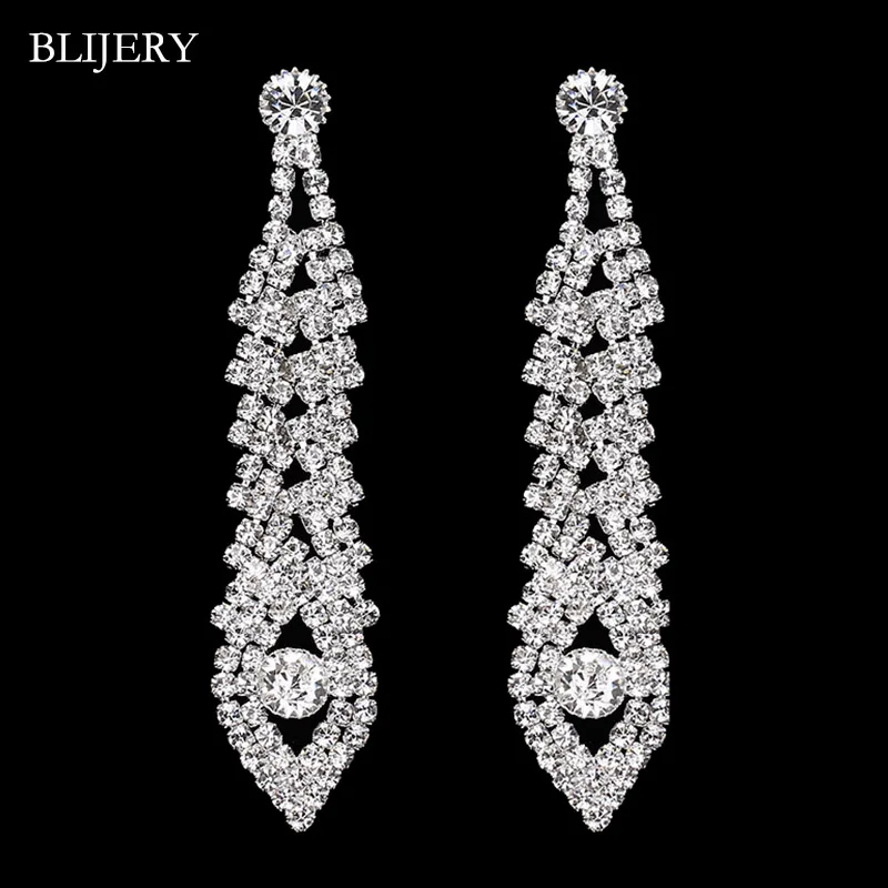 

BLIJERY Silver Color Rhinestone Crystal Bridal Long Drop Earrings for Women Wedding Party Hanging Dangle Earrings Brincos Femme