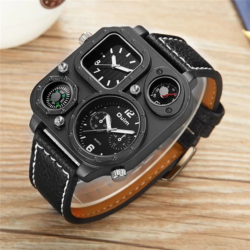  Oulm Sports Men's Watches Compass and Thermometer for Decoration Big Size PU Leather Military Wrist