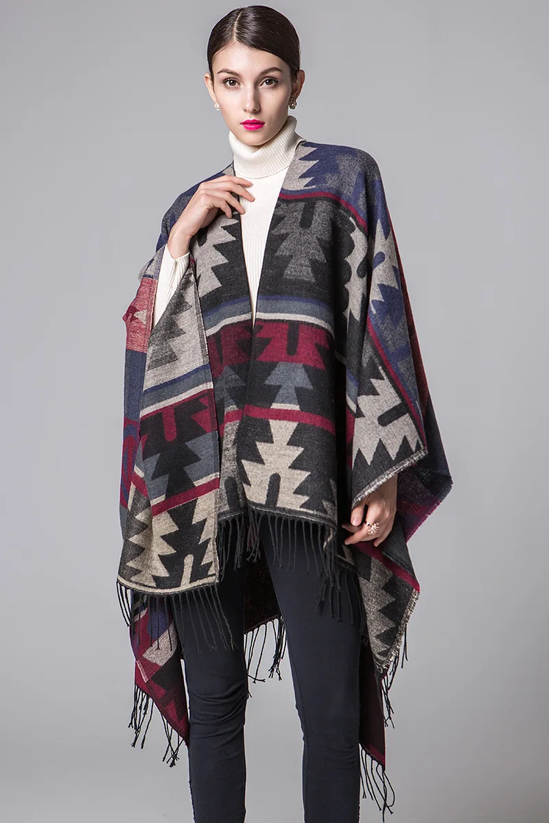 Boho Женская теплая зимняя накидка пончо с капюшоном пышная накидка пончо и накидки ацтекская верхняя одежда Abrigo Mujer Шерстяной палантин, пальто A36