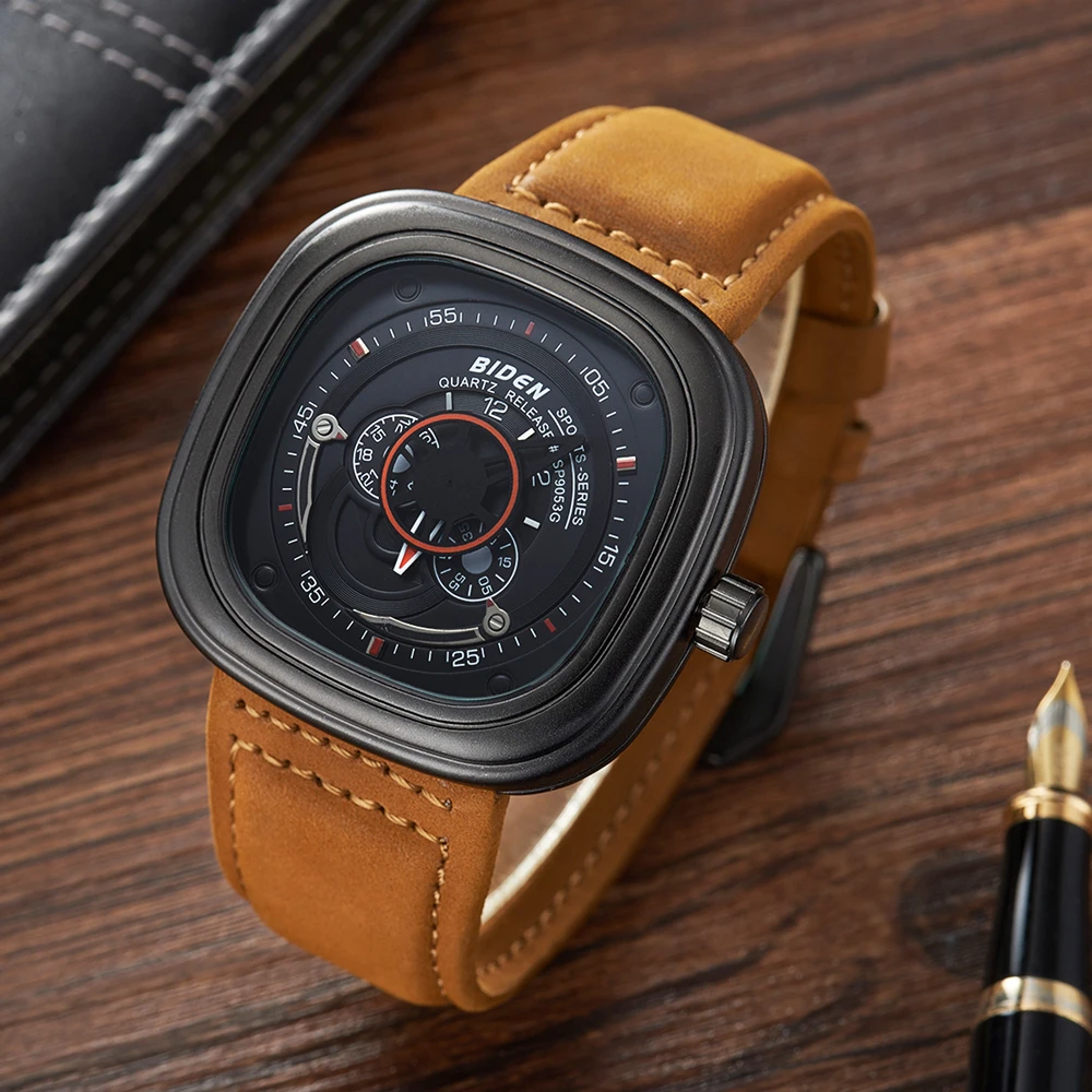  Top Brand BIDEN Men Watches Luxury Quartz Analog Leather Turbine Clock Wristwatches Mens Waterproof
