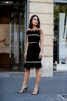

New Arrival Black Color Ladies HL Bandage Dress Feathers Sexy 2 Pieces Bodycon Mini Dress Strapless Club Party Dress