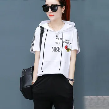 

Autumn short Sleeve Tshirts Casual Suit Women Clothing 2 Piece Set Letters Printed hoodie+Pants Suit Female plus size 3XL