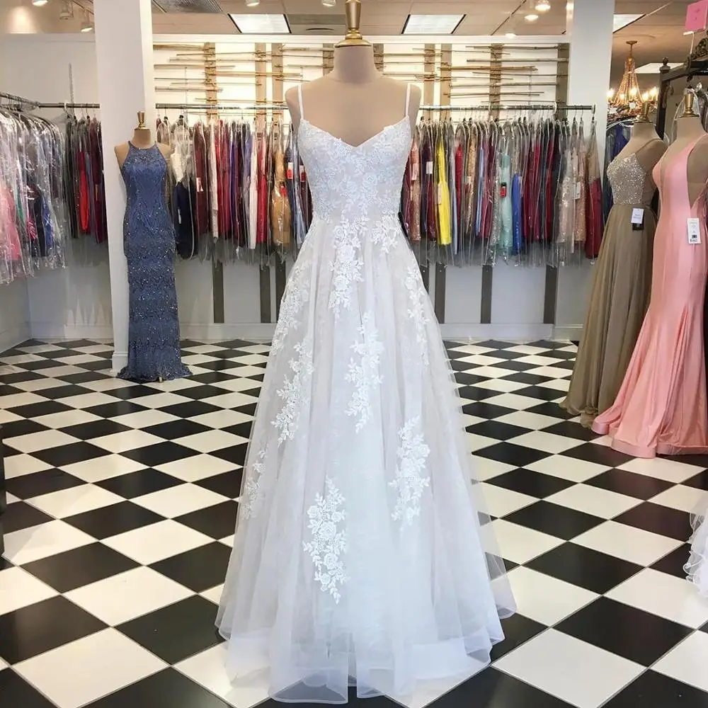 2019 Hot A-Line V-neck Floor-Length Tulle Prom Dresses With Lace Sequins | Свадьбы и торжества