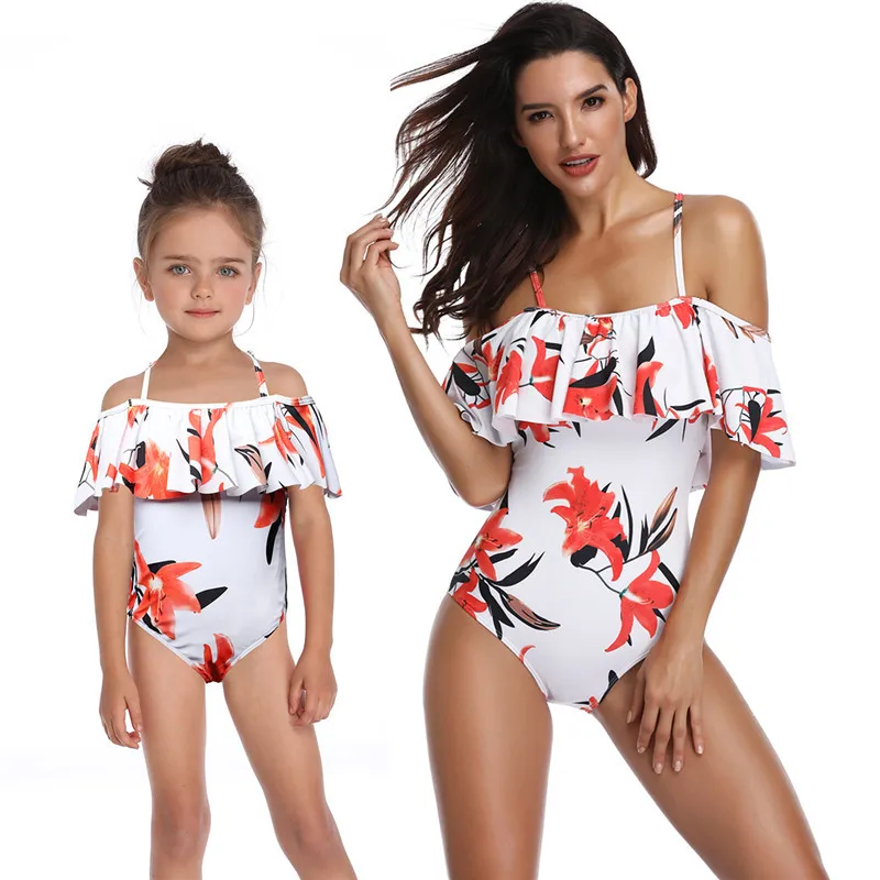 Mother Daughter matching Swimsuits Printing piece double lotus leaf Parent-Child Swimwear Family Matching Swimsuit Outfits - Color: 23