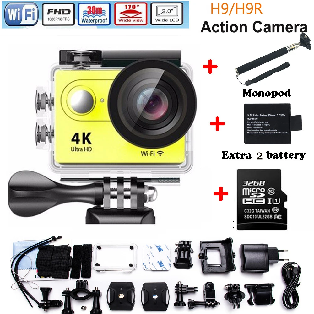 H9 / H9R Action camera Ultra HD 4K WiFi 1080P/60fps 170D Helmet Cam 30M waterproof camera Extre 2pcs battery+32G TF+Monopod