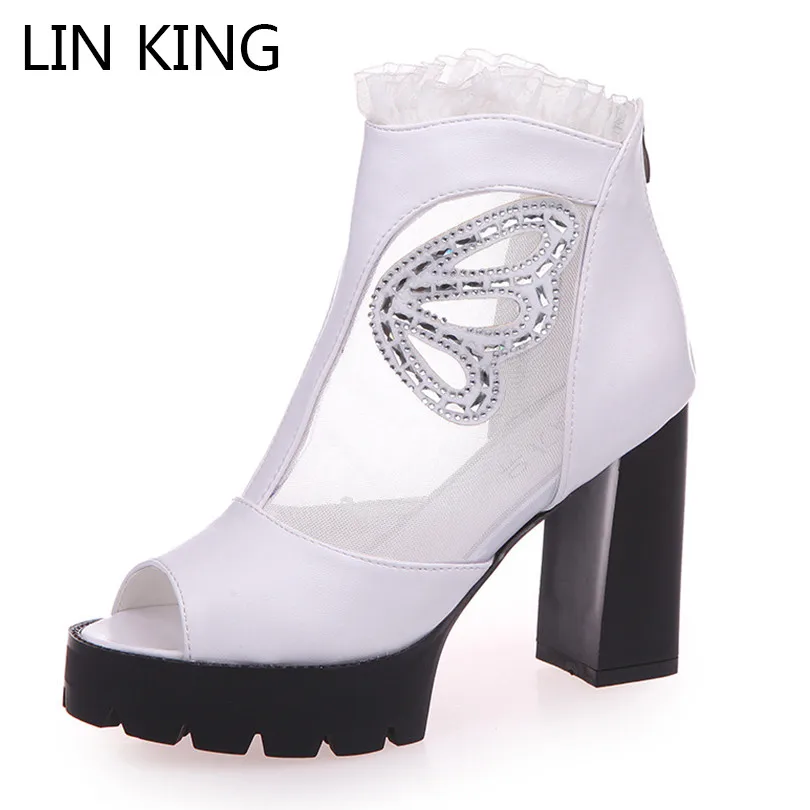 

LIN KING Retro Women Gladiator Sandals Square Heel Zipper Platform Shoes Breathable Mesh Thick Heel Summer Sandalias Femeninas