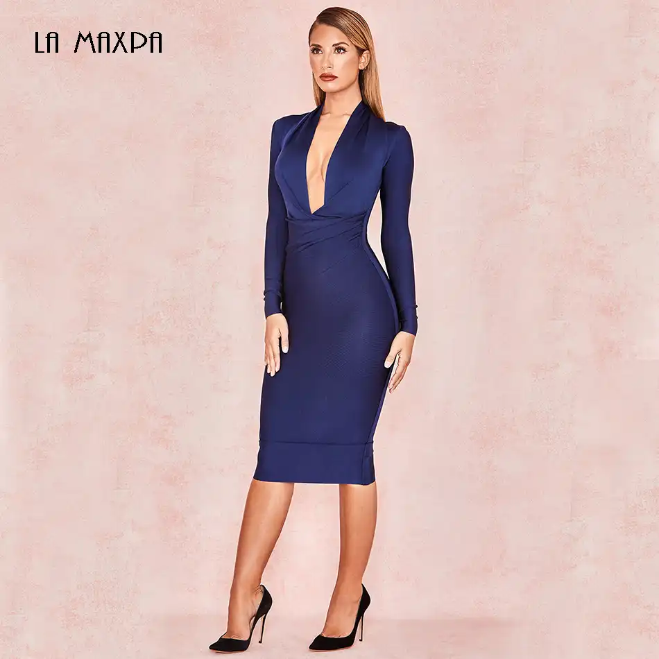 navy blue long sleeve bodycon dress