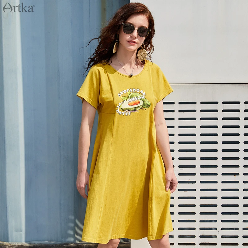 ARTKA 2019 الصيف الجديدة النساء اللباس س الرقبة الأفوكادو تي شيرت مطبوع اللباس مع حزام عارضة تي شيرتات قصيرة الاكمام فساتين ZA15298X