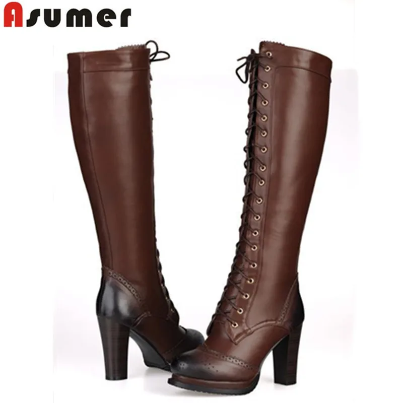 

ASUMER Hot women knee high boots round toe lace up winter shoes high heels platform PU+genuine leather motorcycle boots