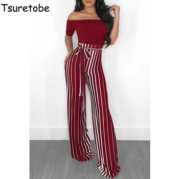 

Tsuretobe New Off Shoulder Bandage Elegant Sexy Jumpsuit Summer Striped Bodycon Wide Leg Jumpsuit Boho Tight Fashion Jumpsuit