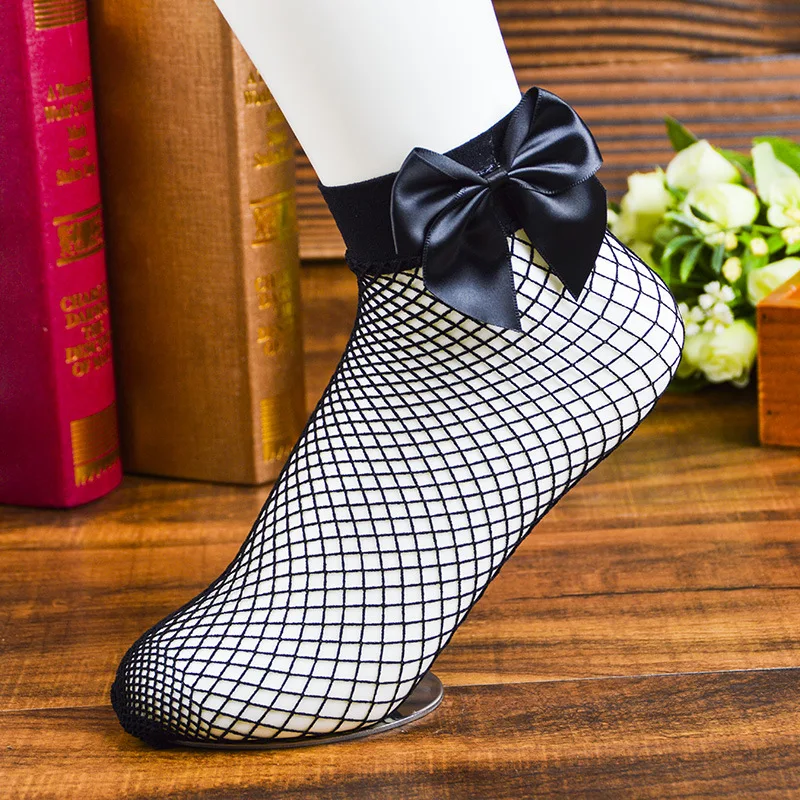 knee socks Chic Streetwear Women's Harajuku Black Breathable Bow knot Fishnet Socks.Sexy Hollow out Mesh Nets Socks Ladies Girl's Bow Sox walking socks womens