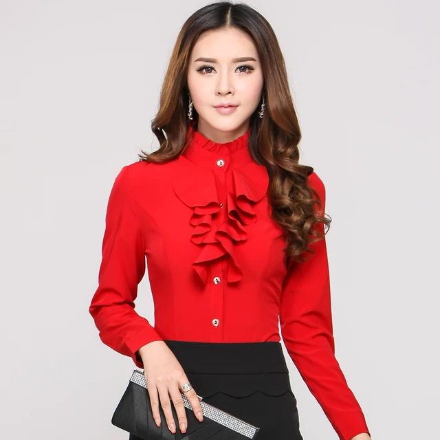 New 2015 Spring Autumn Formal Red Blouses Women Long Sleeve Ladies ...