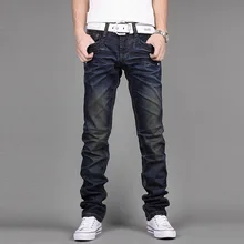 2016 New Pockets Design Solid Straight Biker Jeans Slim Mid Long Casual Jeans Homme Male High Quality Brand Denim Trousers