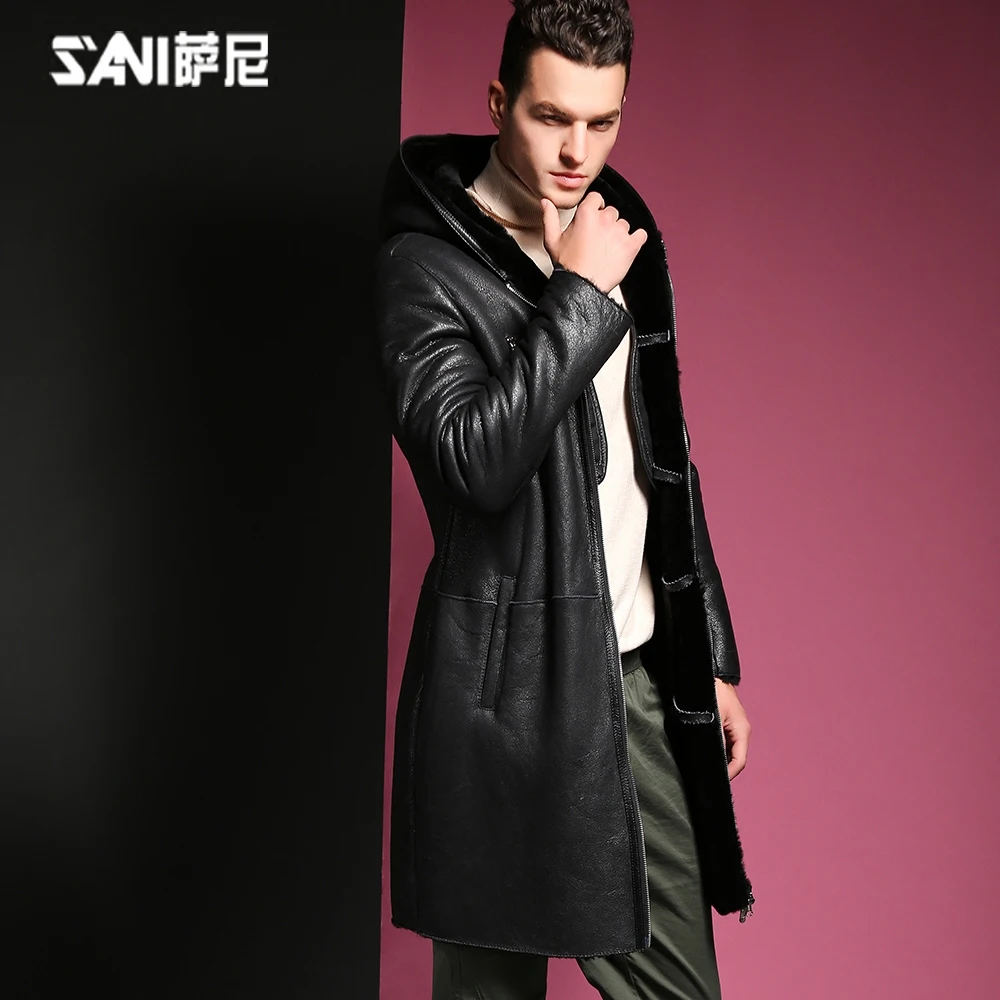 

Natural sheepskin fur coat male long genuine leather garment winter real fur overcoat men hooded collar