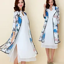 F~ 3XL плюс Размер Летняя мода элегантный лацкане 3/4 рукав из двух частей хлопок шифон Пион печати Сплит длинный костюм женское платье костюм