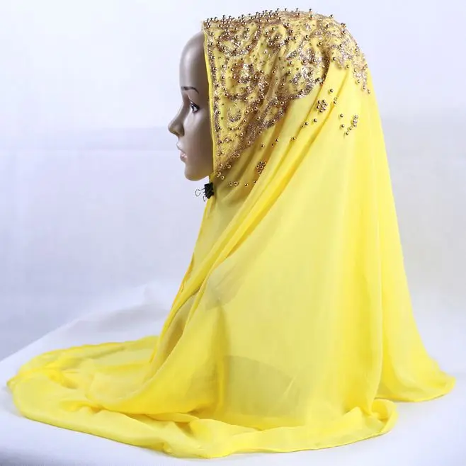 

Summer Premium Chiffon Scarves Wraps Gold Glitter Pearl Muslim Hijabs Shawl Women Headscarf Head Caps Islamic Voile 70*170cm 1pc